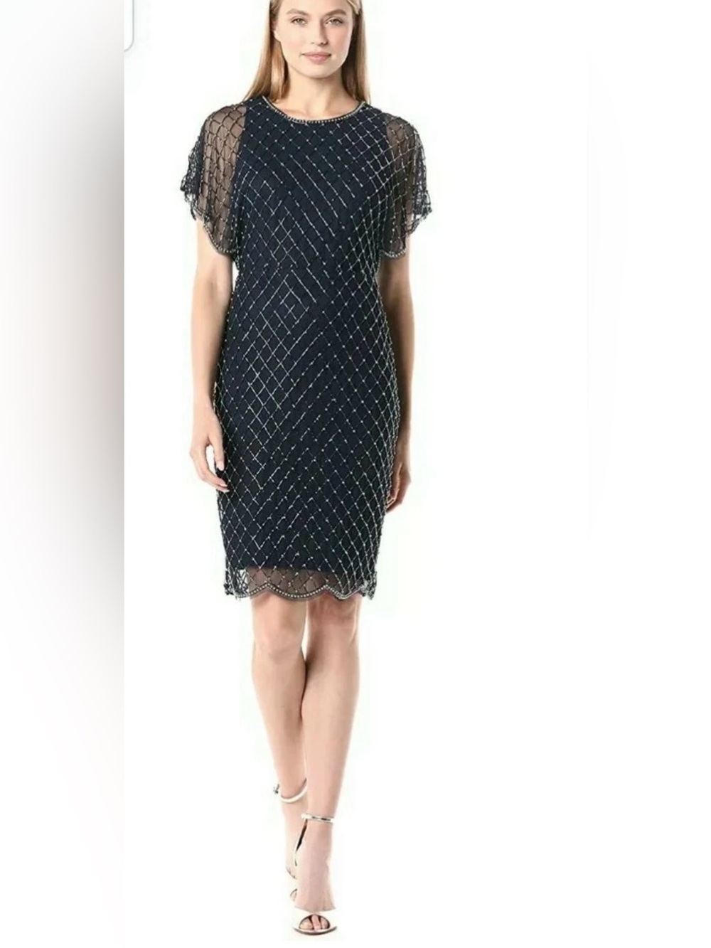 Adrianna Papell Navy Fully Beaded Dolman Fall Wedding Guest Cocktail Dress 18
